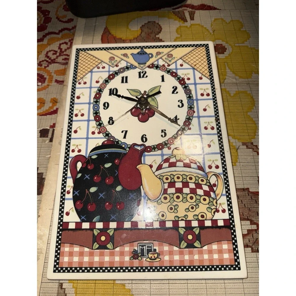 Vtg 1994 Engelbreit Ceramic Tile Wall Clock Teapot cherry fruit 12
